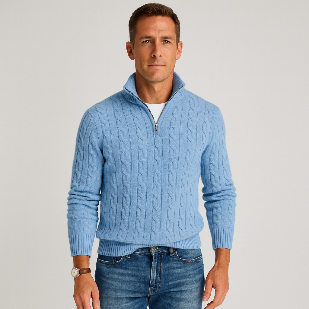 Pull homme torsadé col montant demi-zip coupe regular fit