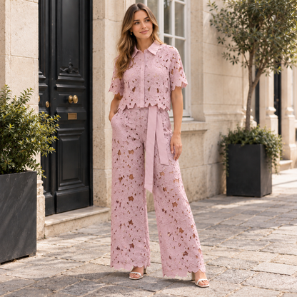 Ensemble deux pièces femme Anni à motif floral ajouré avec pantalon large