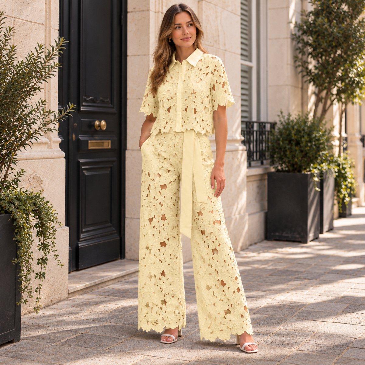 Ensemble deux pièces femme Anni à motif floral ajouré avec pantalon large