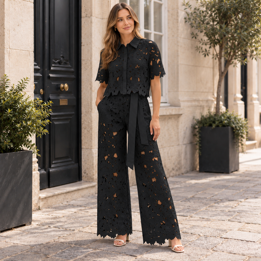 Ensemble deux pièces femme Anni à motif floral ajouré avec pantalon large