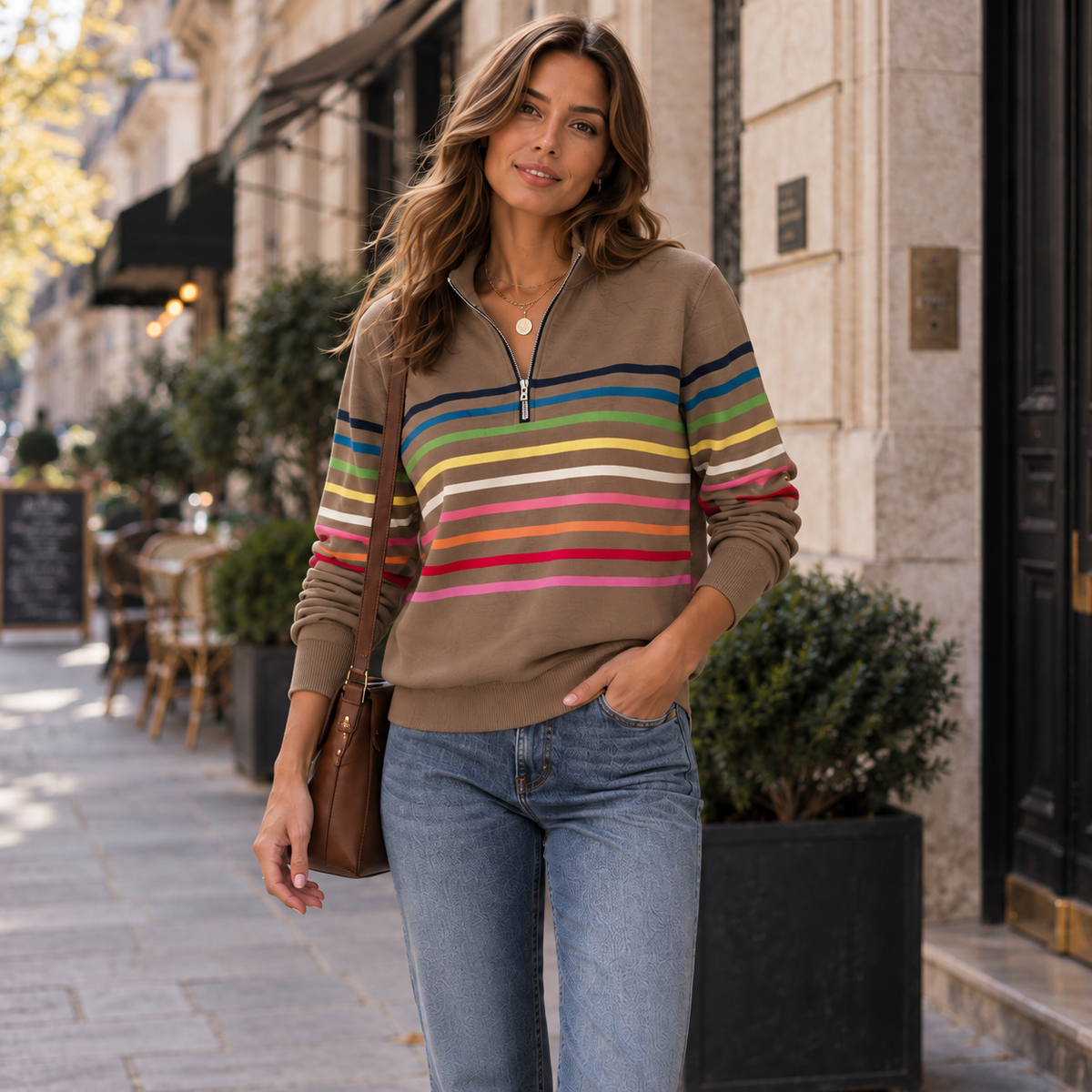 Pull-over rayé | Fermeture éclair quart | Confort doux