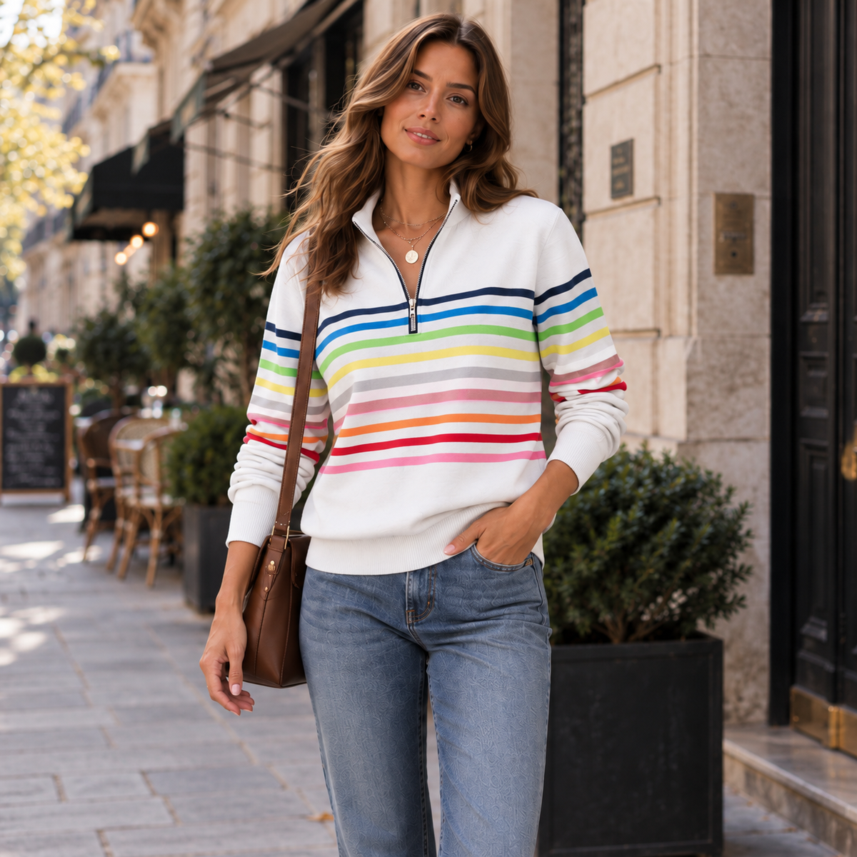 Pull-over rayé | Fermeture éclair quart | Confort doux
