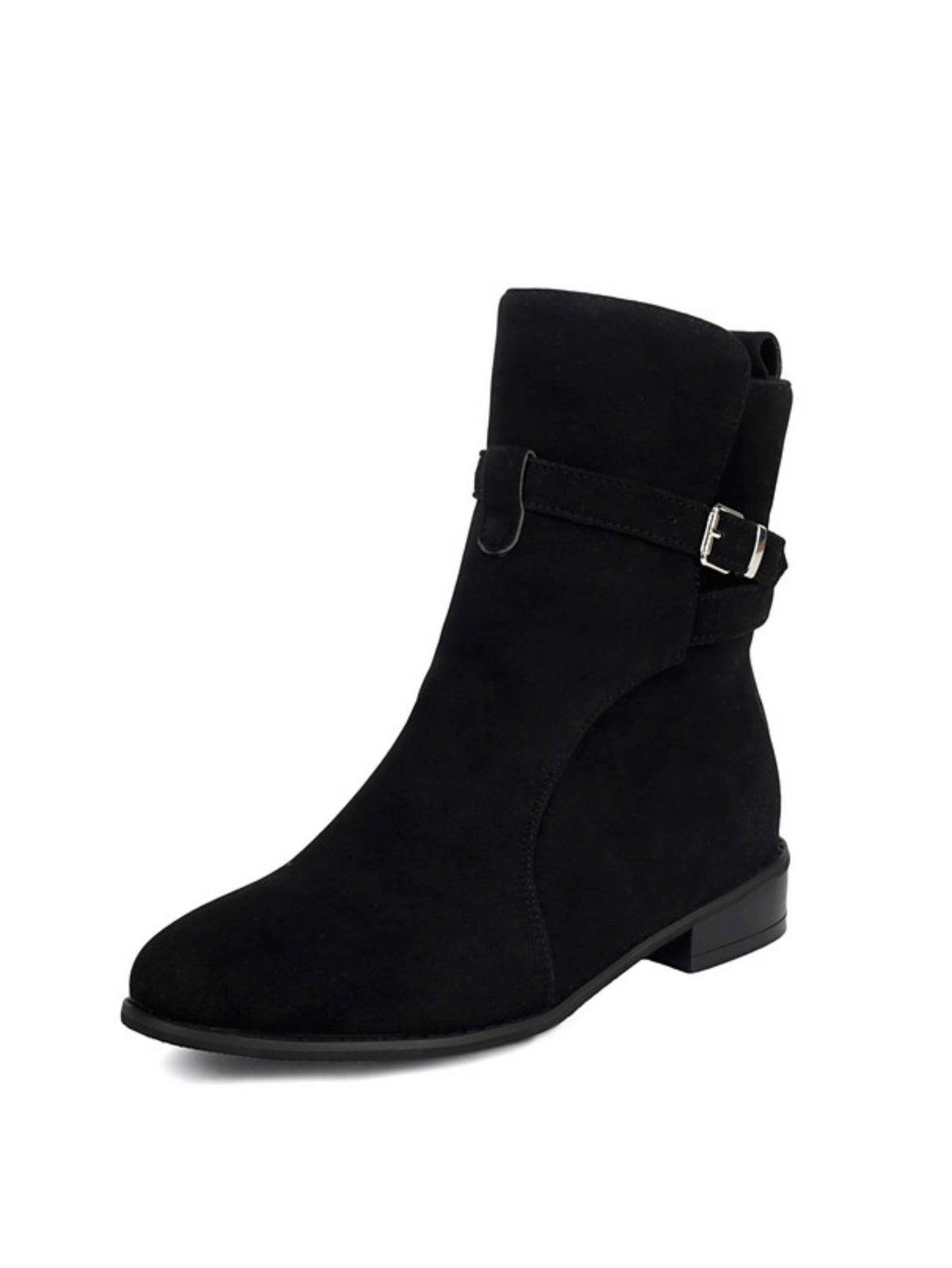 Bottines femme noires à boucle talon bas bout rond en suède synthétique