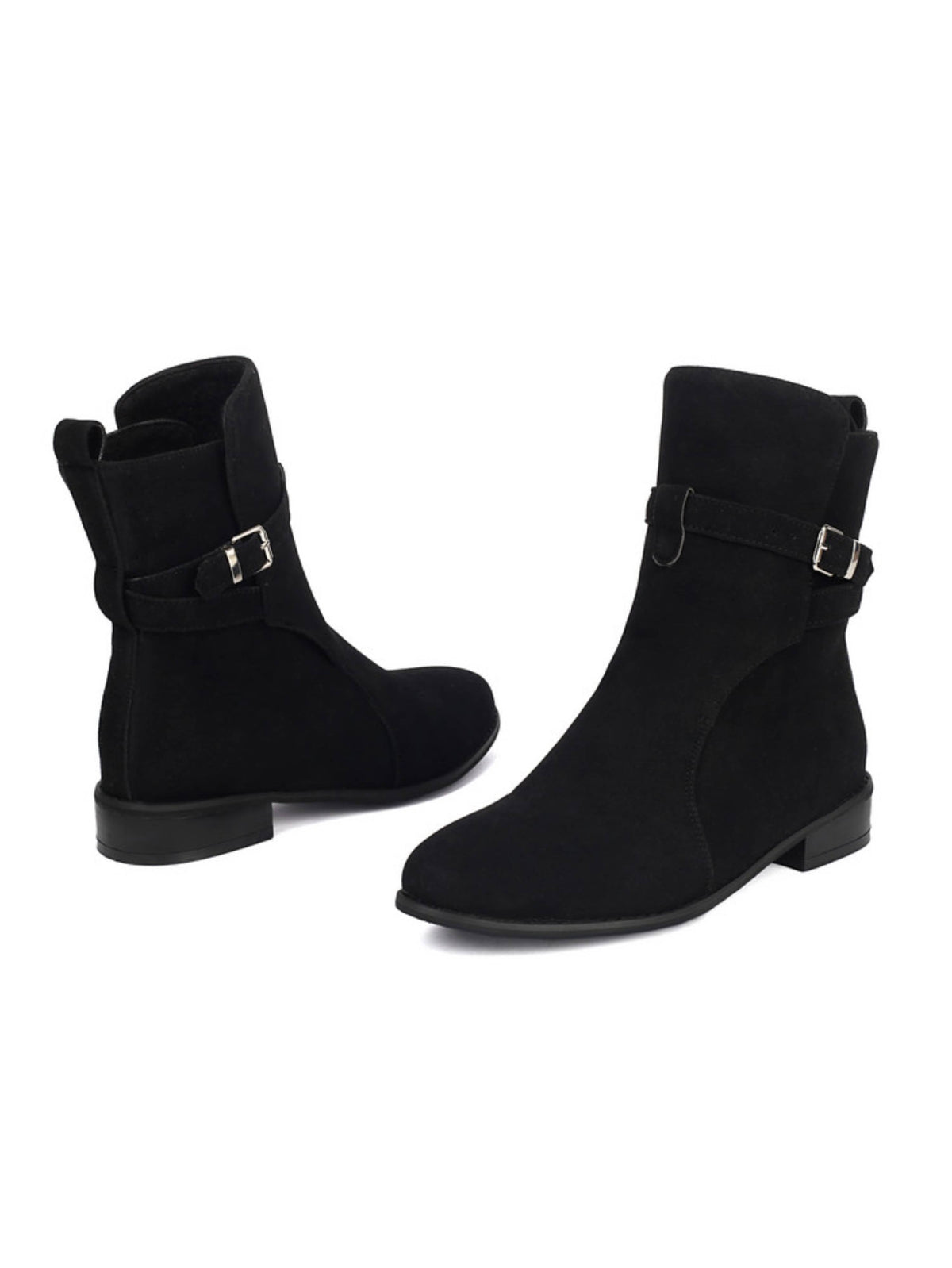 Bottines femme noires à boucle talon bas bout rond en suède synthétique