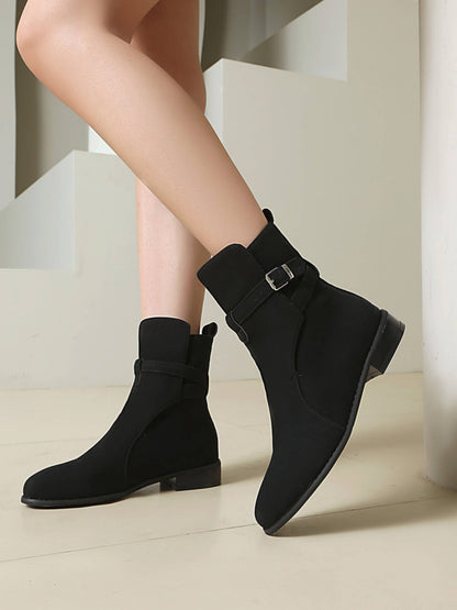 Bottines femme noires à boucle talon bas bout rond en suède synthétique