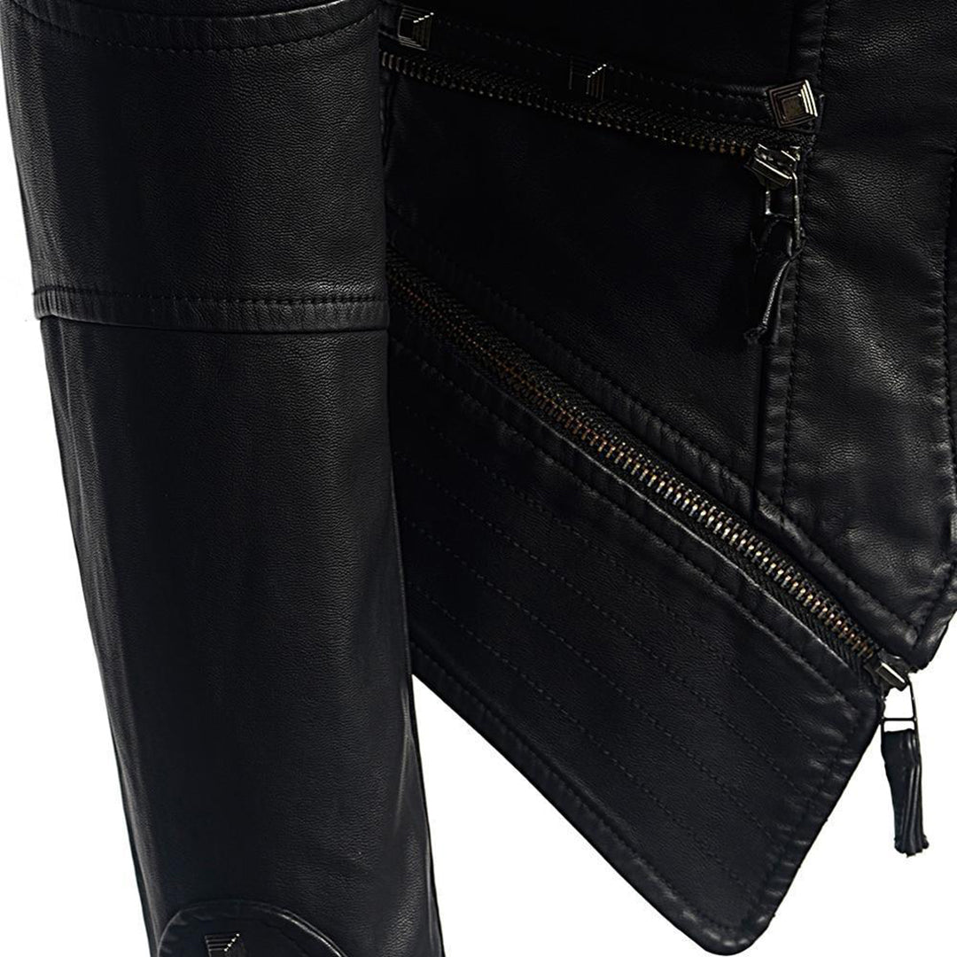 Veste en Cuir Femme - Style Biker Ajusté - Col & Manches Cloutés - Détails en Fermeture Éclair