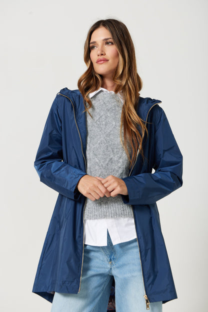Imperméable mi-cuisse | Bleu, capuche ajustable