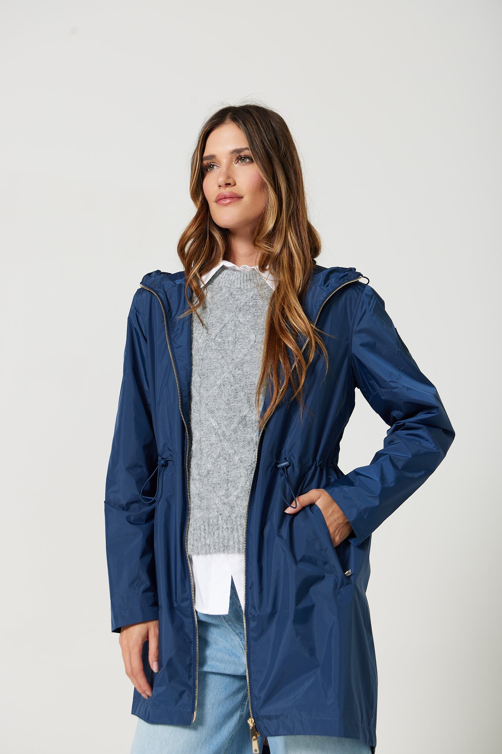 Imperméable mi-cuisse | Bleu, capuche ajustable
