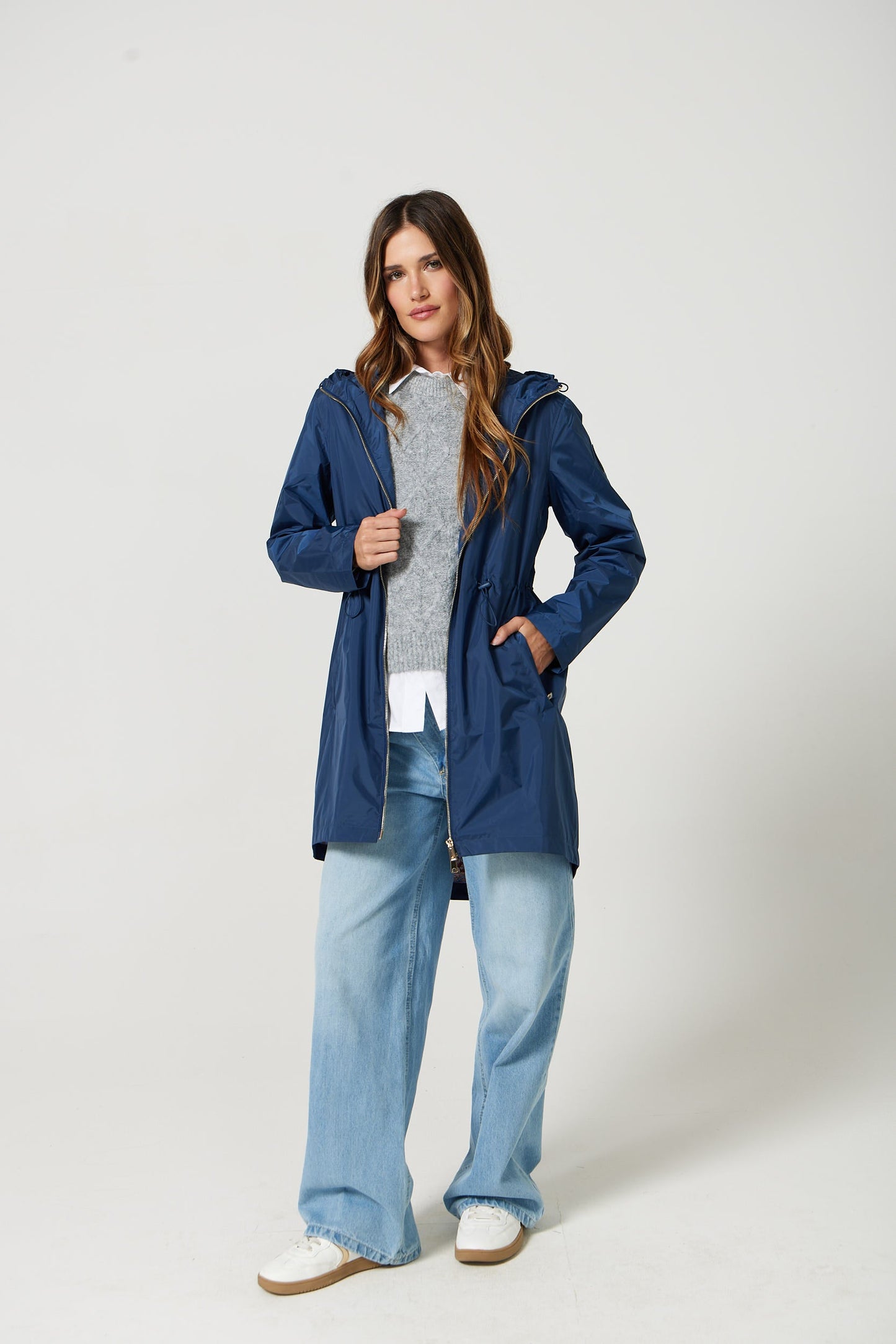 Imperméable mi-cuisse | Bleu, capuche ajustable