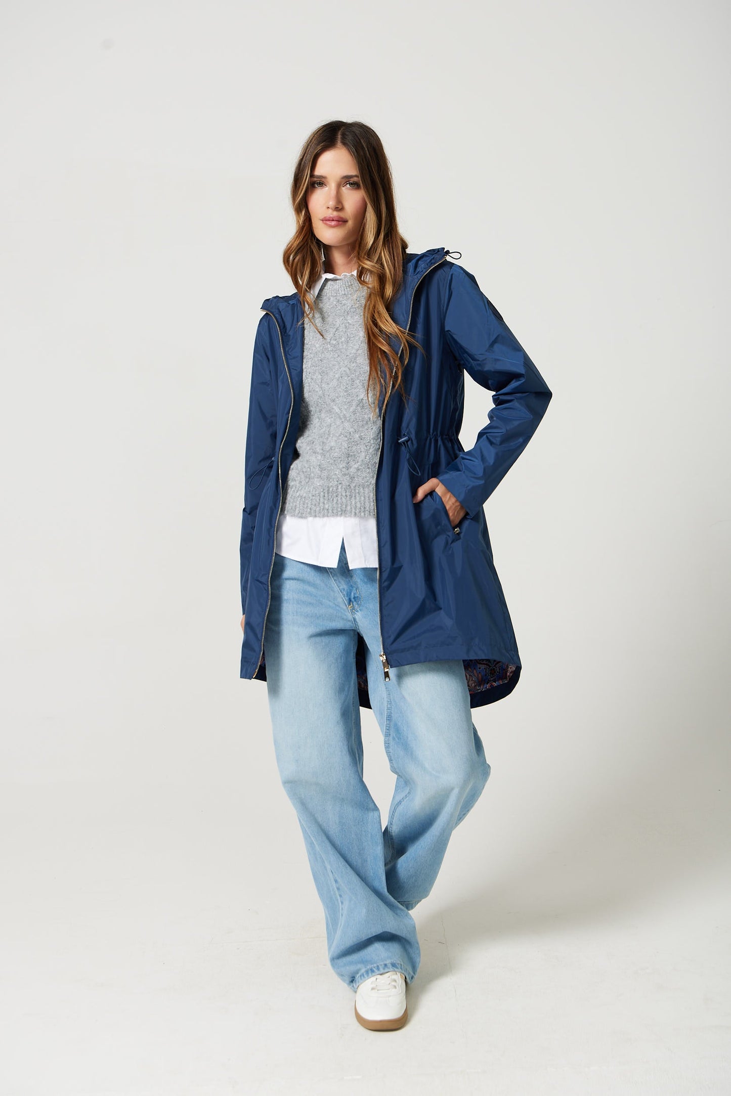 Imperméable mi-cuisse | Bleu, capuche ajustable