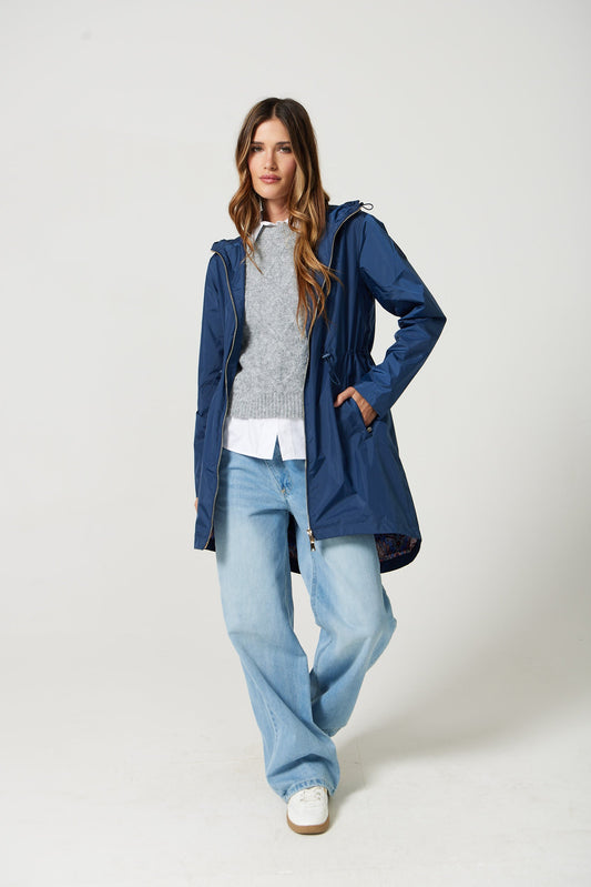 Imperméable mi-cuisse | Bleu, capuche ajustable