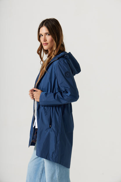 Imperméable mi-cuisse | Bleu, capuche ajustable