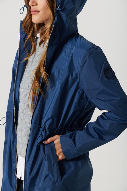 Imperméable mi-cuisse | Bleu, capuche ajustable