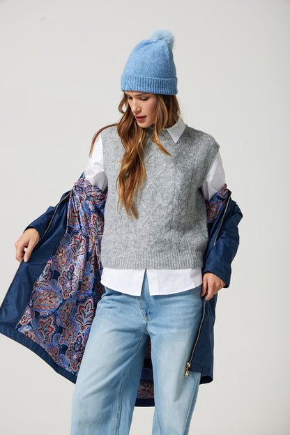 Imperméable mi-cuisse | Bleu, capuche ajustable