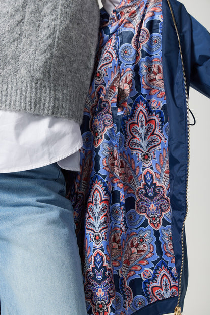 Imperméable mi-cuisse | Bleu, capuche ajustable