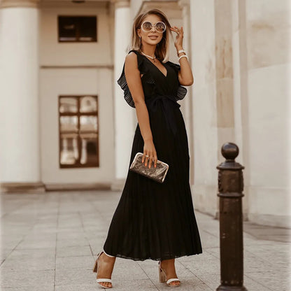 Robe de soirée maxi volants décolleté V plissée légère