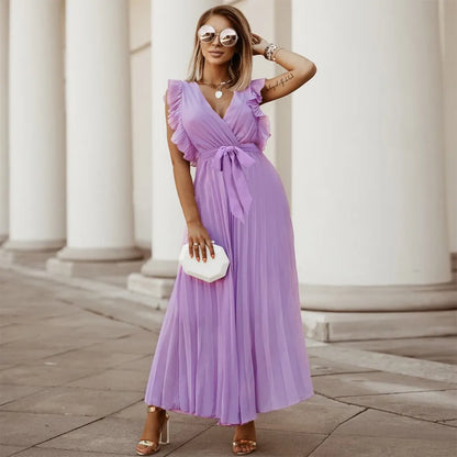 Robe de soirée maxi volants décolleté V plissée légère
