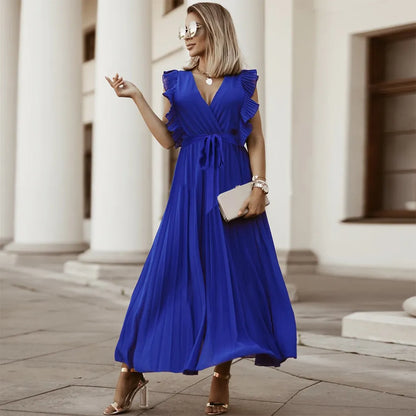 Robe de soirée maxi volants décolleté V plissée légère