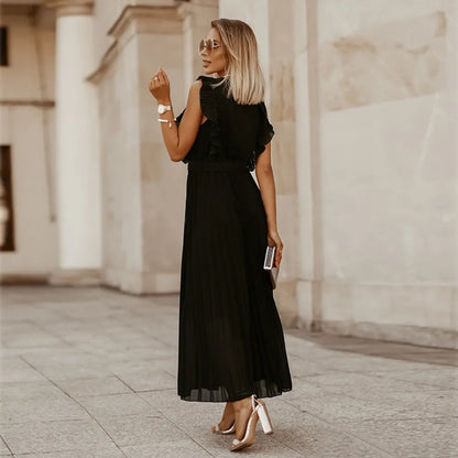 Robe de soirée maxi volants décolleté V plissée légère