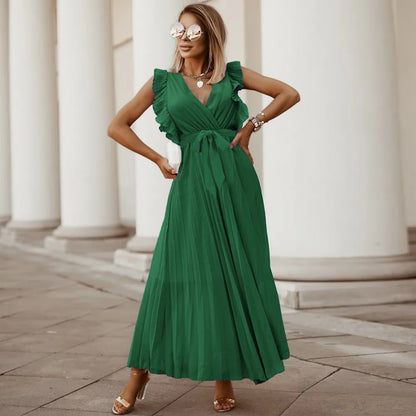 Robe de soirée maxi volants décolleté V plissée légère