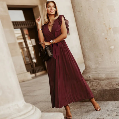 Robe de soirée maxi volants décolleté V plissée légère