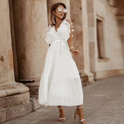 Robe de soirée maxi volants décolleté V plissée légère