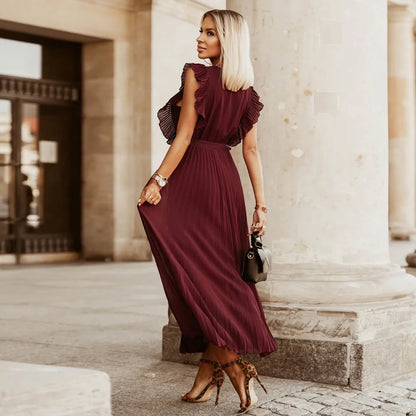Robe de soirée maxi volants décolleté V plissée légère