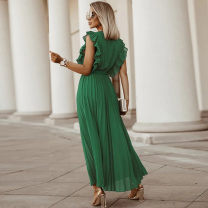 Robe de soirée maxi volants décolleté V plissée légère