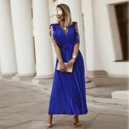 Robe de soirée maxi volants décolleté V plissée légère