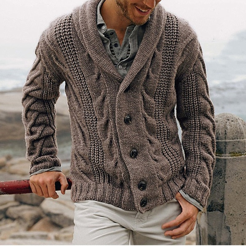 Gilet homme grosse maille torsadée col châle coupe droite