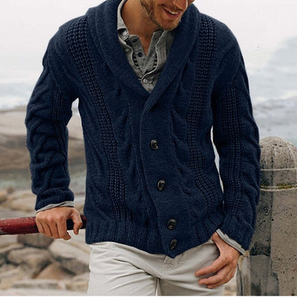 Gilet homme grosse maille torsadée col châle coupe droite