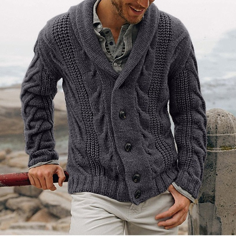 Gilet homme grosse maille torsadée col châle coupe droite
