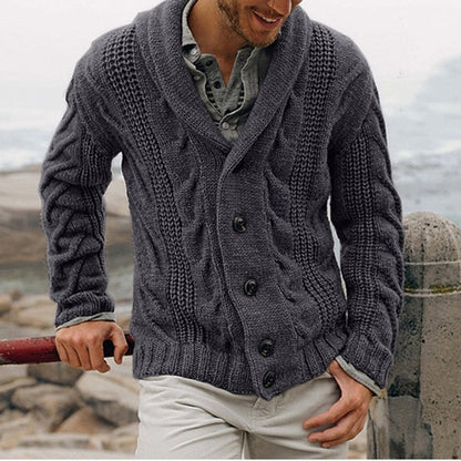 Gilet homme grosse maille torsadée col châle coupe droite