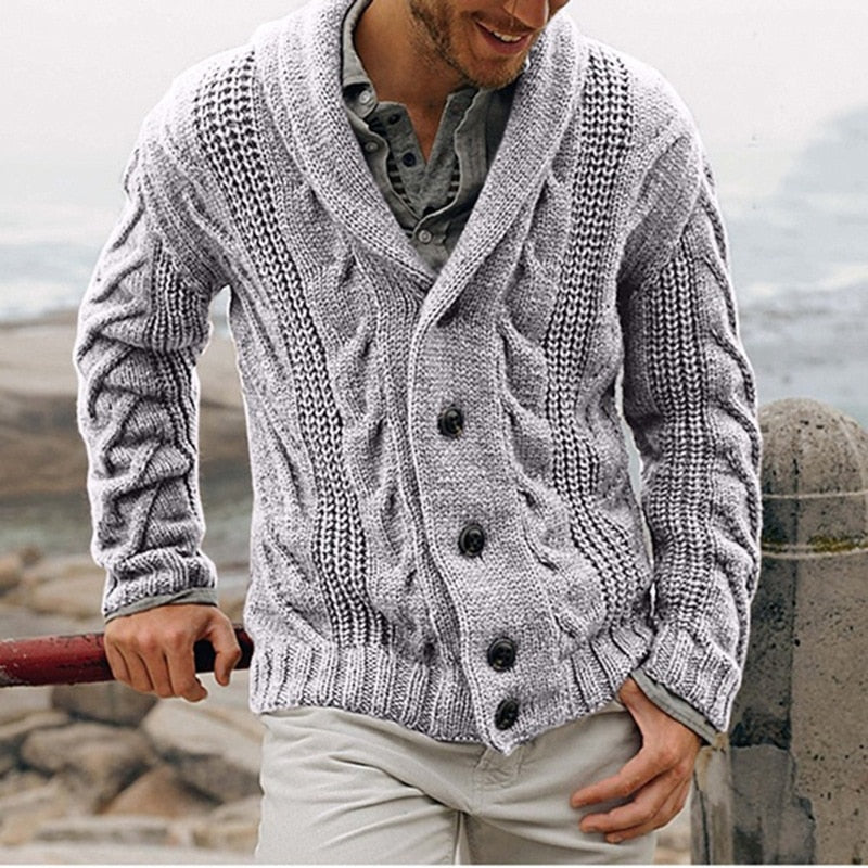 Gilet homme grosse maille torsadée col châle coupe droite