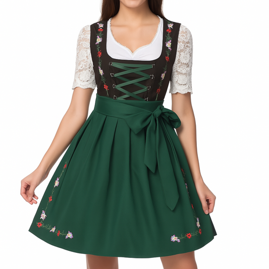 Robe Dirndl Femme - Tissu Léger - Vert & Noir - Prête pour Oktoberfest