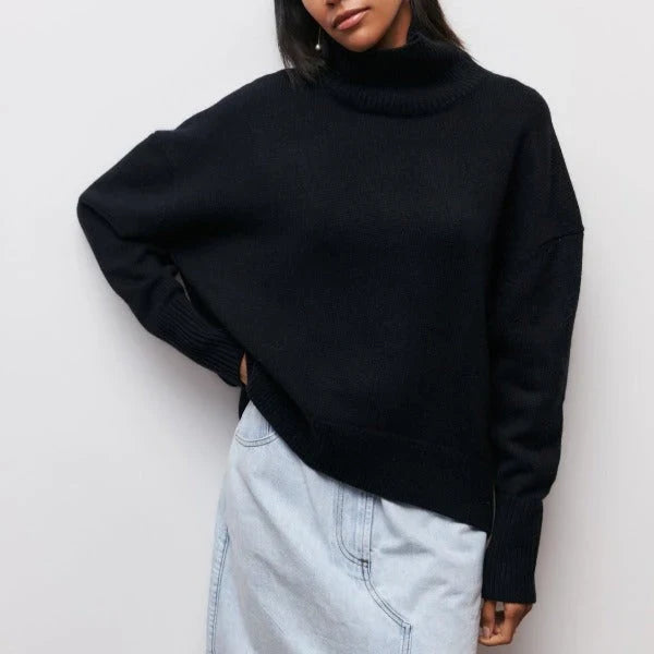 Pull col roulé oversize femme tricoté coupe ample épaules tombantes