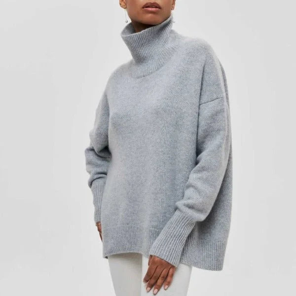 Pull col roulé oversize femme tricoté coupe ample épaules tombantes
