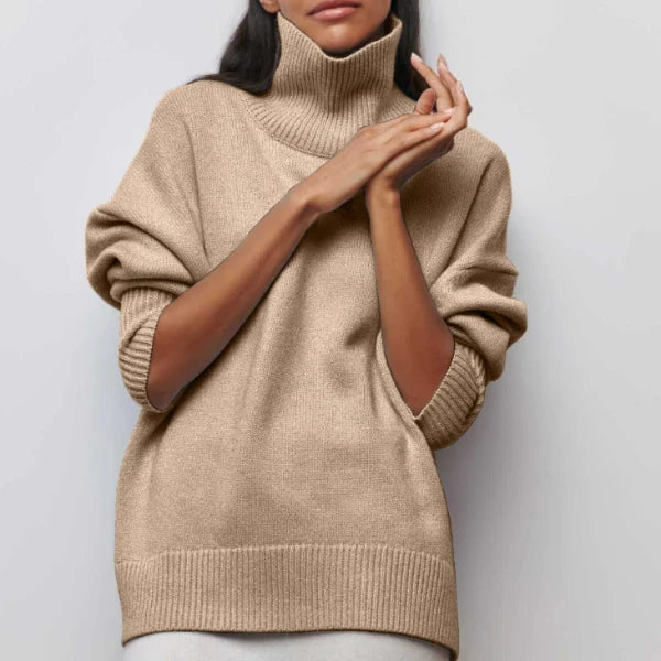 Pull col roulé oversize femme tricoté coupe ample épaules tombantes