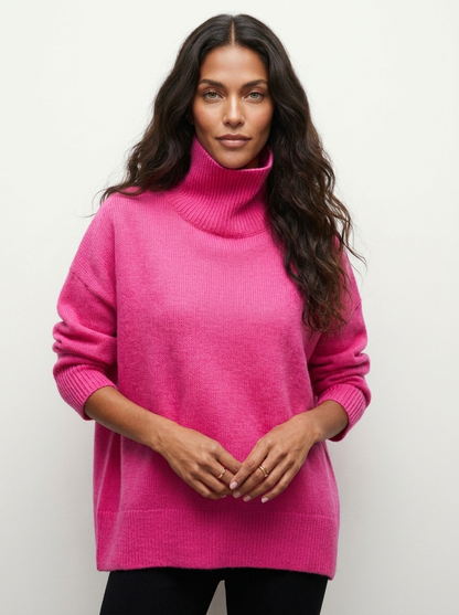 Pull col roulé oversize femme tricoté coupe ample épaules tombantes