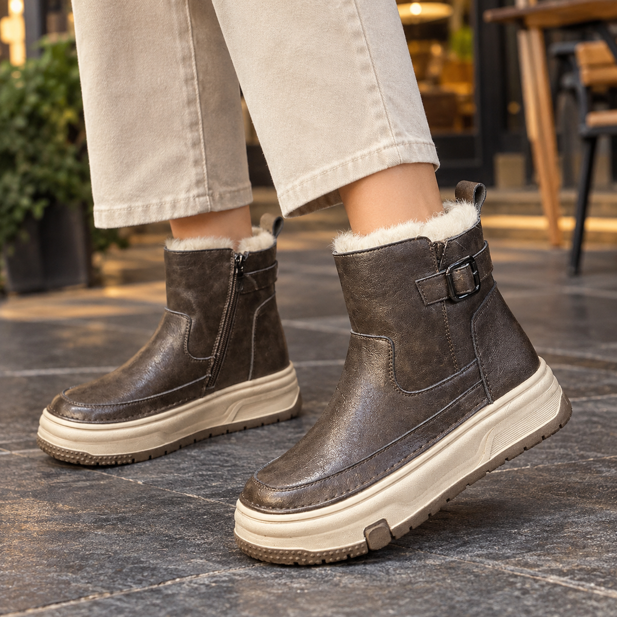 Bottines femme fourrées cuir plateforme zippées avec boucle, idéales pour l'hiver
