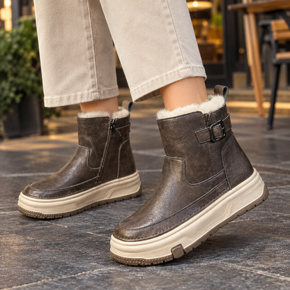 Bottines femme fourrées cuir plateforme zippées avec boucle, idéales pour l'hiver