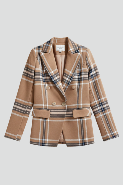 Blazer femme col revers à carreaux ceinturé coupe structurée manches longues