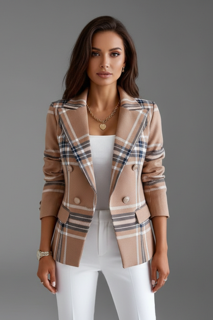 Blazer femme col revers à carreaux ceinturé coupe structurée manches longues