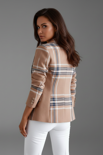 Blazer femme col revers à carreaux ceinturé coupe structurée manches longues