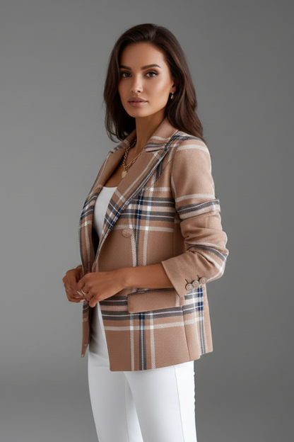 Blazer femme col revers à carreaux ceinturé coupe structurée manches longues