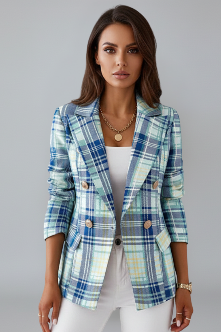 Blazer femme col revers à carreaux ceinturé coupe structurée manches longues