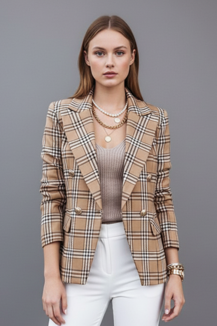 Blazer femme col revers à carreaux ceinturé coupe structurée manches longues