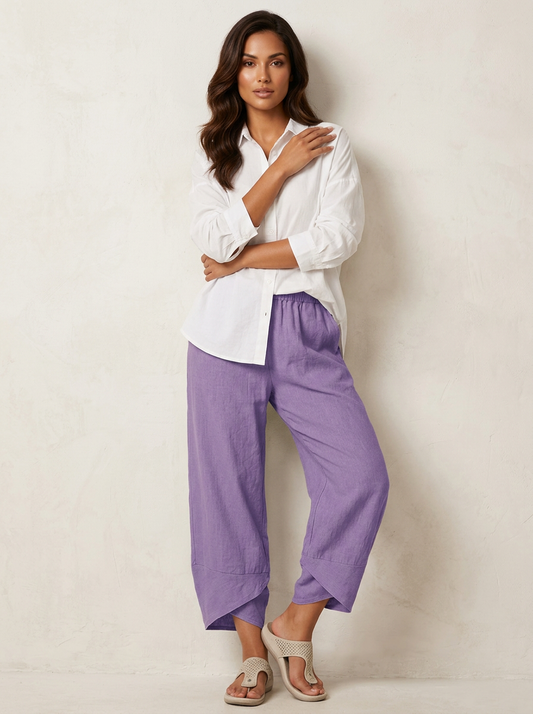 Pantalon Femme Lin | Cropped Taille Élastique, Coupe Décontractée