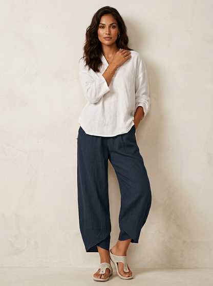 Pantalon Femme Lin | Cropped Taille Élastique, Coupe Décontractée
