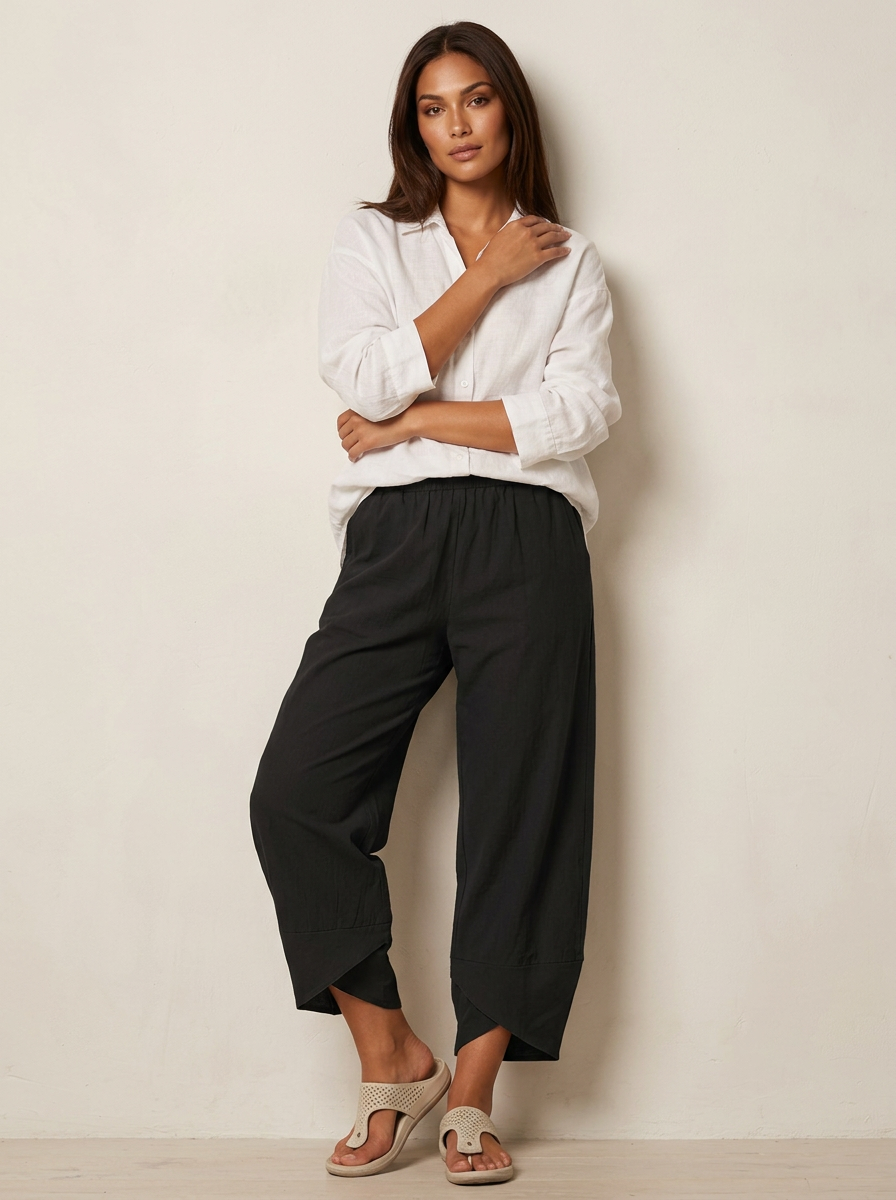 Pantalon Femme Lin | Cropped Taille Élastique, Coupe Décontractée
